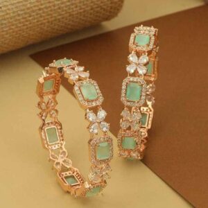 Home zeneme gold plated white kundan studded designer floral style bangles jewellery set for girls and women (set of 2)